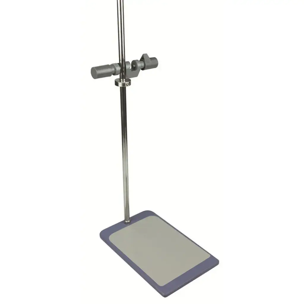Plate stand with support rod and clamp. Plate size 12 x 8in. Rod length 31L x 0.6in dia.