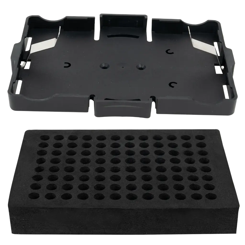 Microplate Clamp and Foam Tube Holder for for 96-well (full skirt PCR plates, cell culture plates, enzyme-linked immunosorbent assay plates, deep well plates, etc. Half skirt/no skirt PCR plates